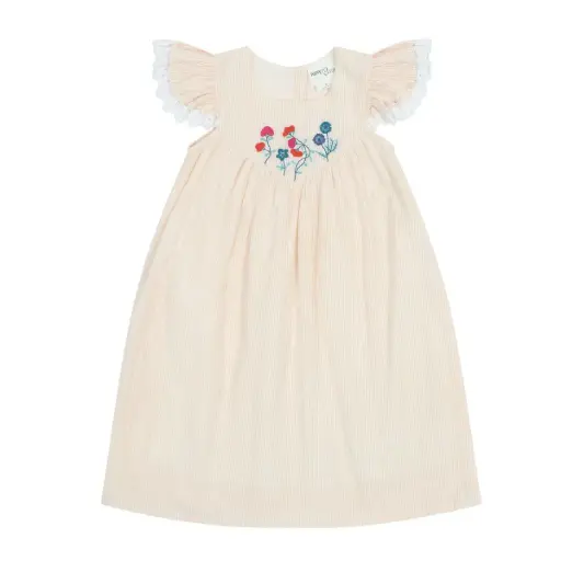 Poppet & Fox Flutter Sleeve Dress With Floral Embroidered Bib PF633D