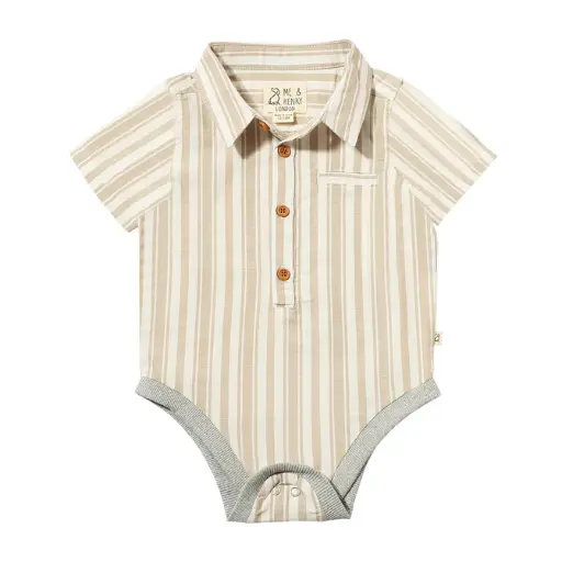ME & Henry Helford Woven Onesie HB1420p Beige/White Wide Stripe