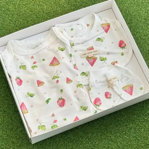 Blara Organic House Long Sleeve Bodysuit Bundle - Strawberry Print   (Pack of 3pc Bodysuit + Bib + Mitts)