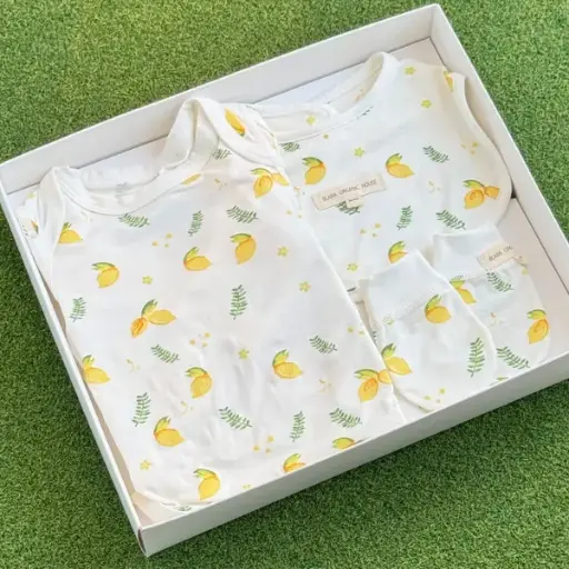 Blara Organic House Long Sleeve Zipped Pajama - Lemon Print   (Pack of 3pc Pajama + Bib + Mitts)