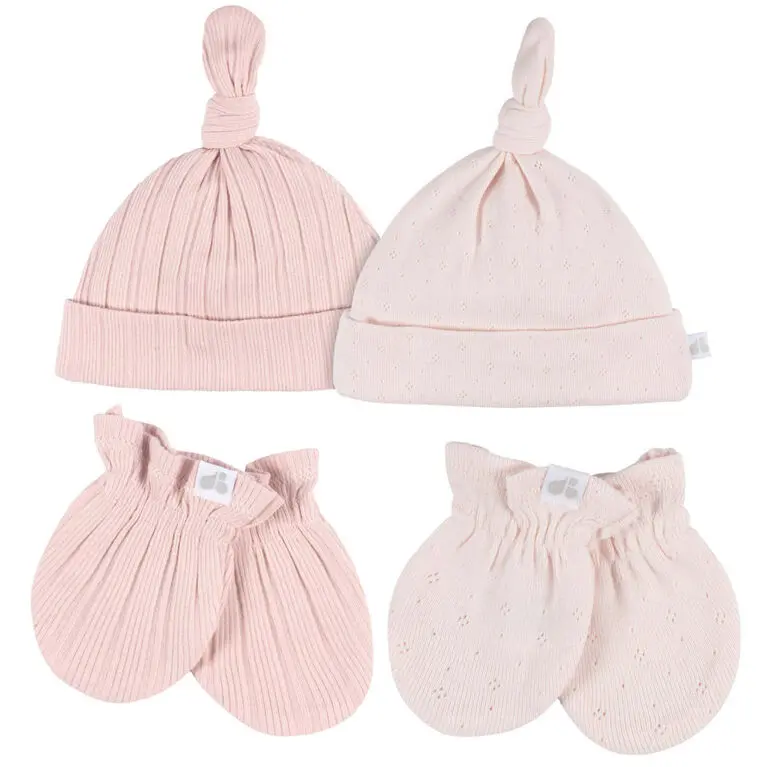 Just Born by Gerber Baby Neutral 4-Piece Hat and Mittens Pink