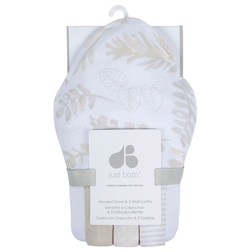 Just Born ® 4-Piece Hooded Towel and Washcloths - Natural Leaves