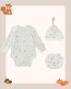 Blara Organic House Long Sleeve Bodysuit Bundle - Squirrel Print (Pack of 3, Bodysuit + Hat + Mitts) 1-3M
