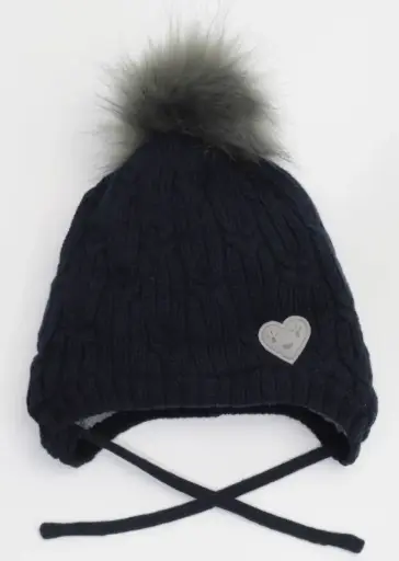 Calikids Knit Faux Fur Pompom Teddy Lined Hat - Navy