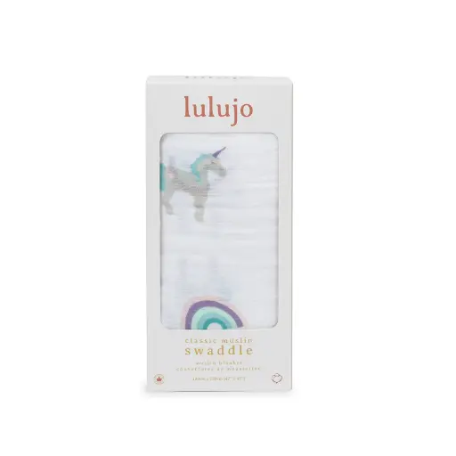 Lulujo Baby Cotton Muslin Swaddle Blanket (47x47") - Rainbows & Unicorns 