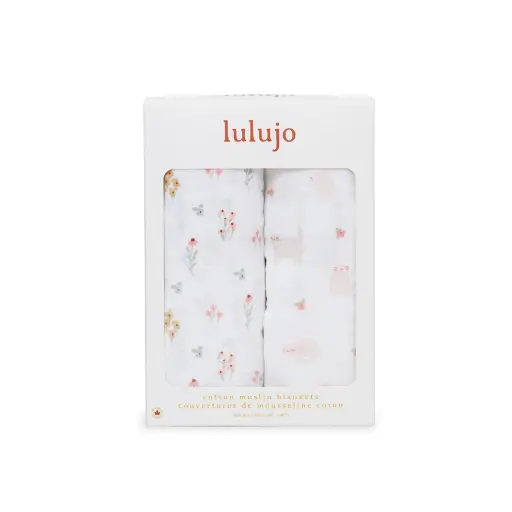 Lulujo Baby 2-Pack Cotton Swaddle Blankets – Kitty Cat/ Flower Field