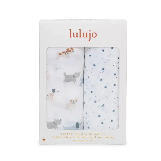 Lulujo Baby 2-Pack Cotton Swaddle Blankets – Puppy Dog & Stars
